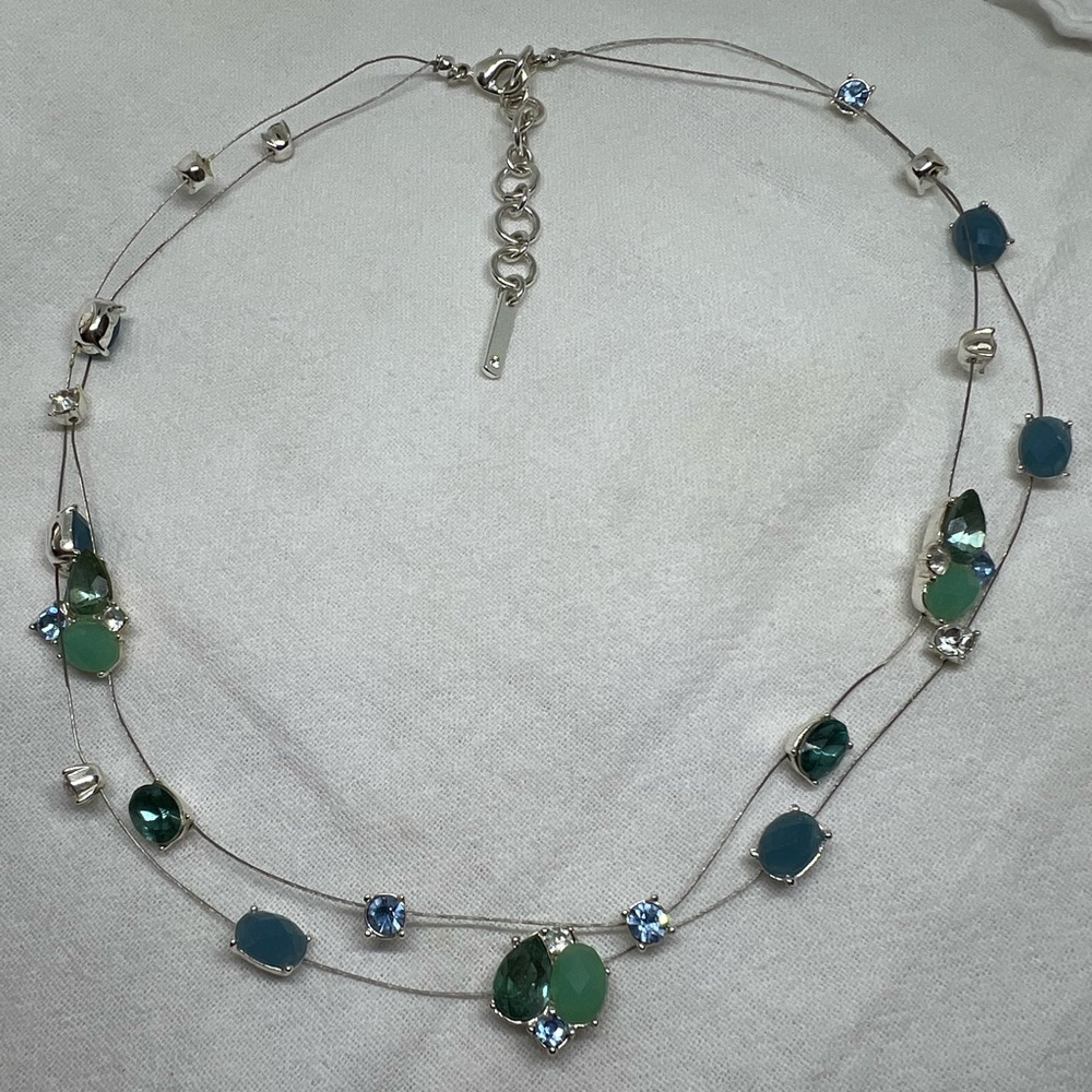Nine West Illusion Wire Silver Tone Jewel Blue Multi-Stone Rhinestone Necklace